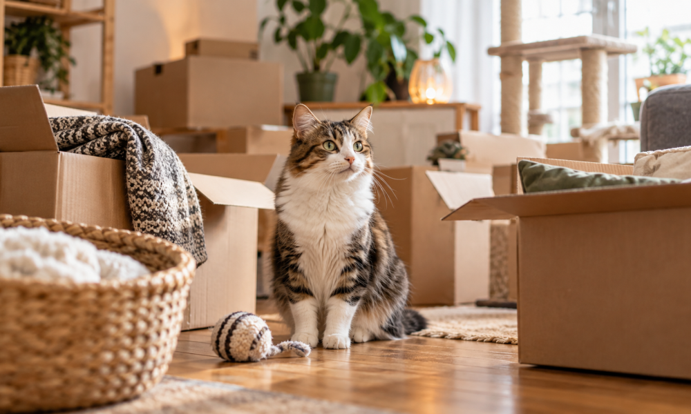 Chat territorial au milieu des cartons de déménagement dans une maison