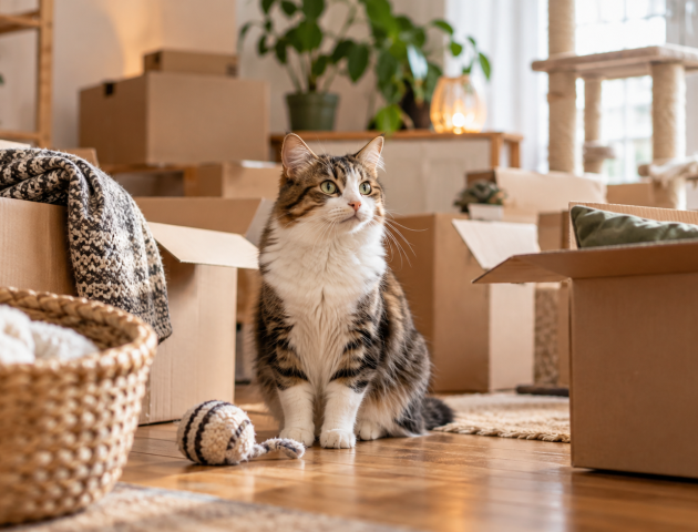 Chat territorial au milieu des cartons de déménagement dans une maison